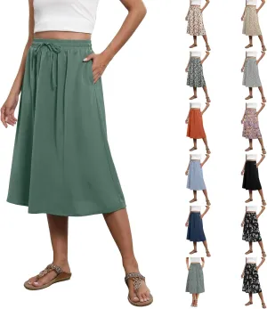 Midi Skirts for Women Trendy Summer Drawstring High Waisted Floral Boho Skirts Cute A Line Flowy Skirt with Pockets