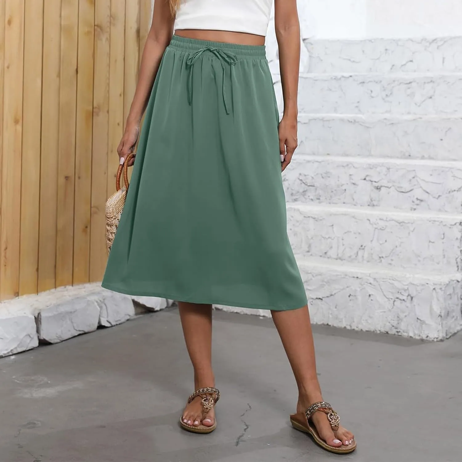 Midi Skirts for Women Trendy Summer Drawstring High Waisted Floral Boho Skirts Cute A Line Flowy Skirt with Pockets