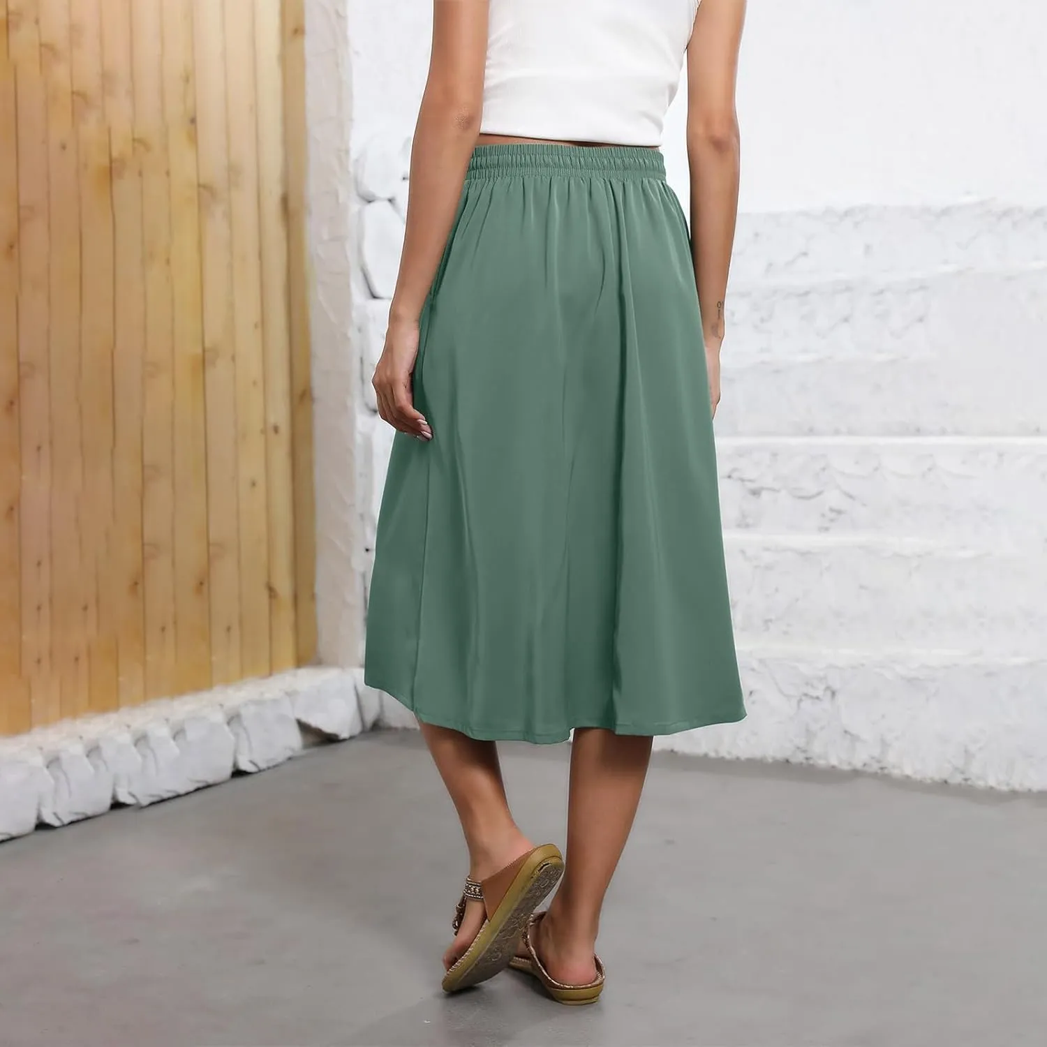 Midi Skirts for Women Trendy Summer Drawstring High Waisted Floral Boho Skirts Cute A Line Flowy Skirt with Pockets