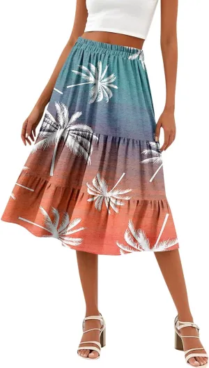 midi Tiered Floral Skirts for Women Trendy Boho high Elastic Waist Long Ruffle Flowy a line Skirts Vacation Skort