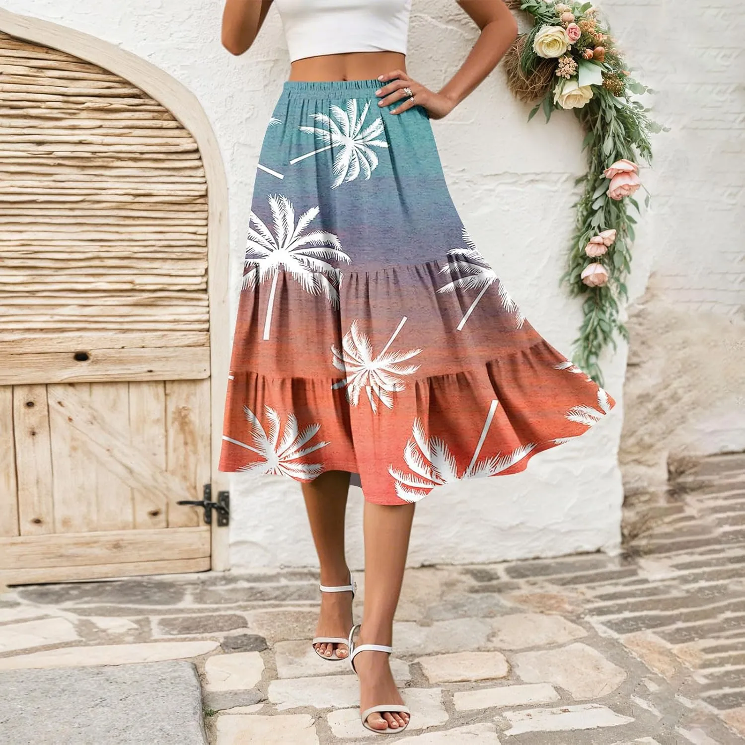 midi Tiered Floral Skirts for Women Trendy Boho high Elastic Waist Long Ruffle Flowy a line Skirts Vacation Skort