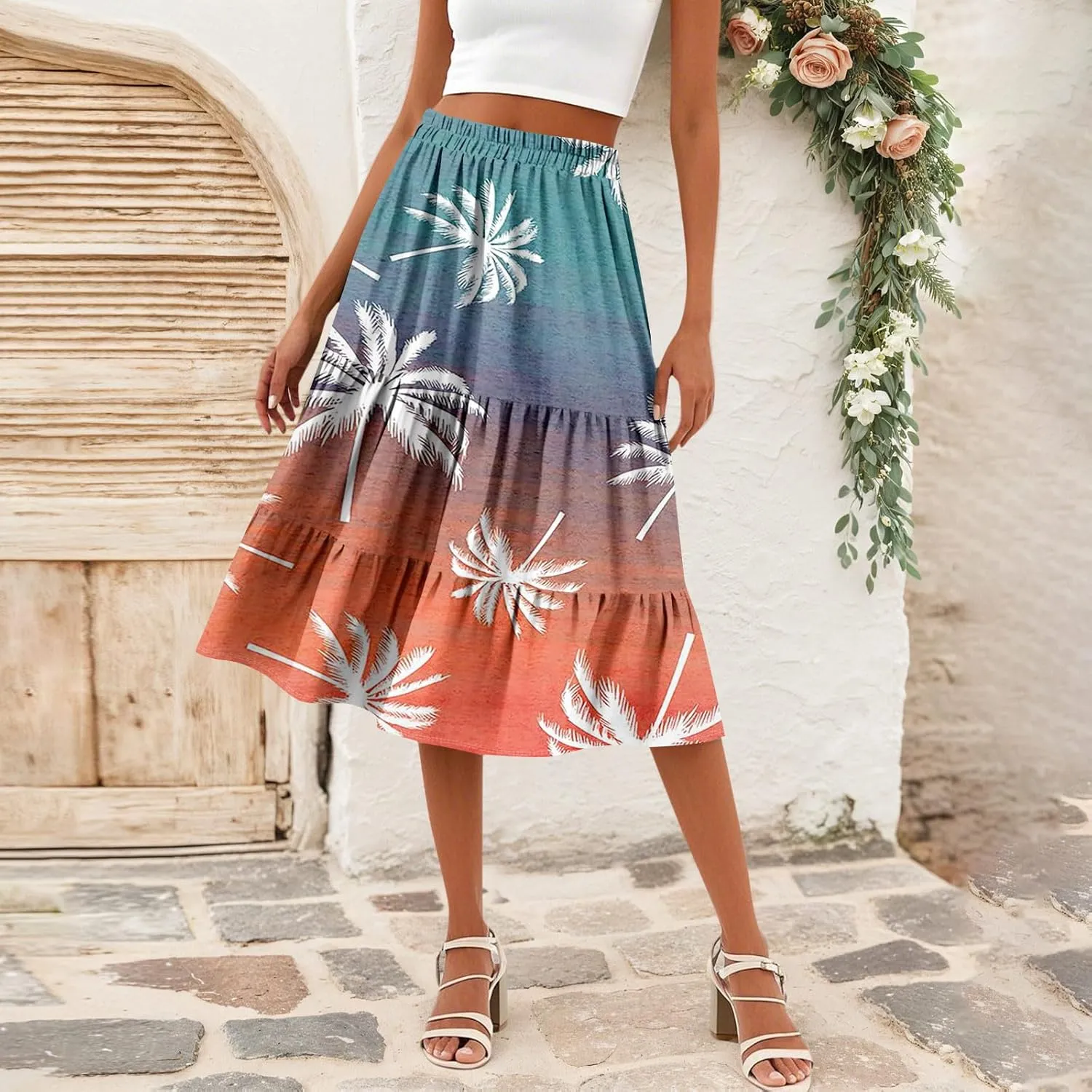 midi Tiered Floral Skirts for Women Trendy Boho high Elastic Waist Long Ruffle Flowy a line Skirts Vacation Skort