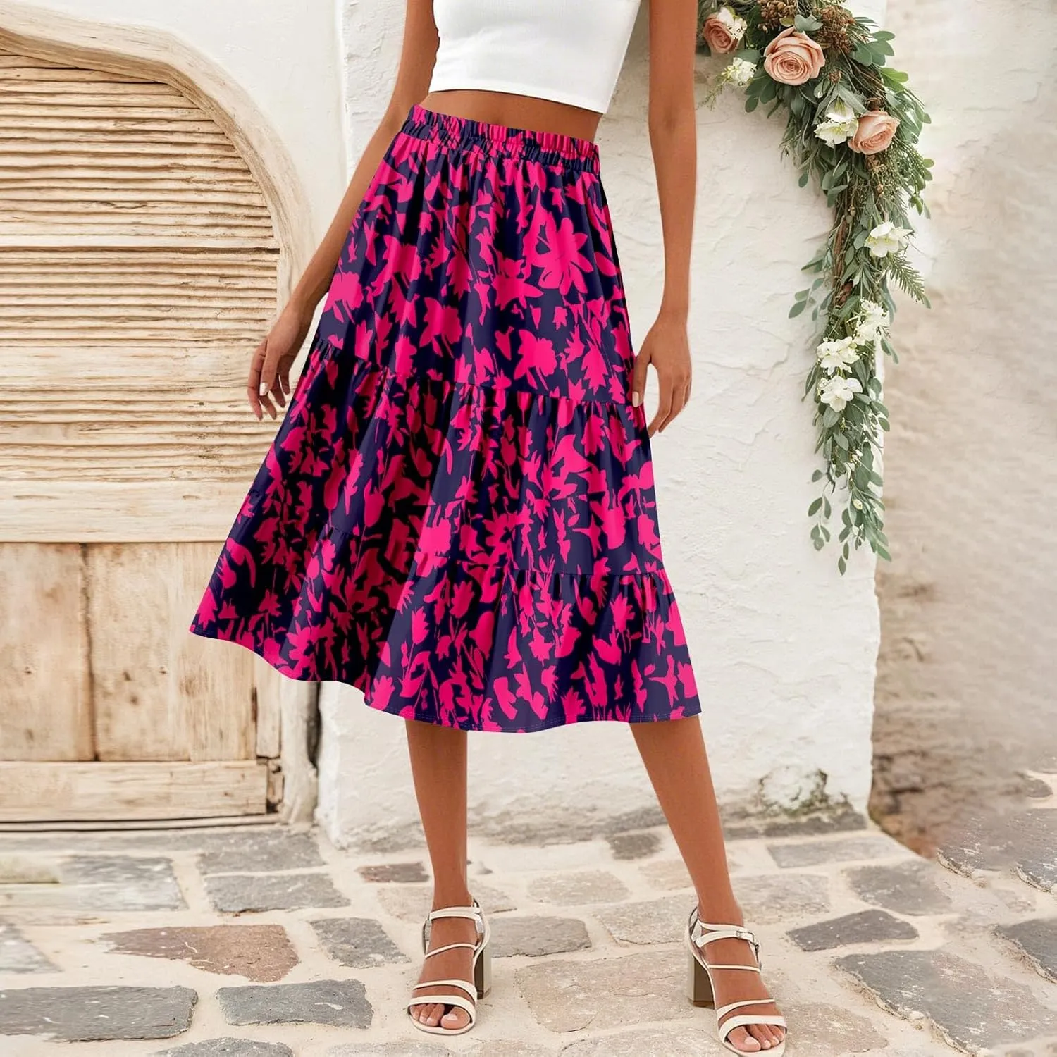 midi Tiered Skirts for Women Summer Boho Floral high Elastic Waist a line Skirts Long Ruffle Flowy Vacation Skort