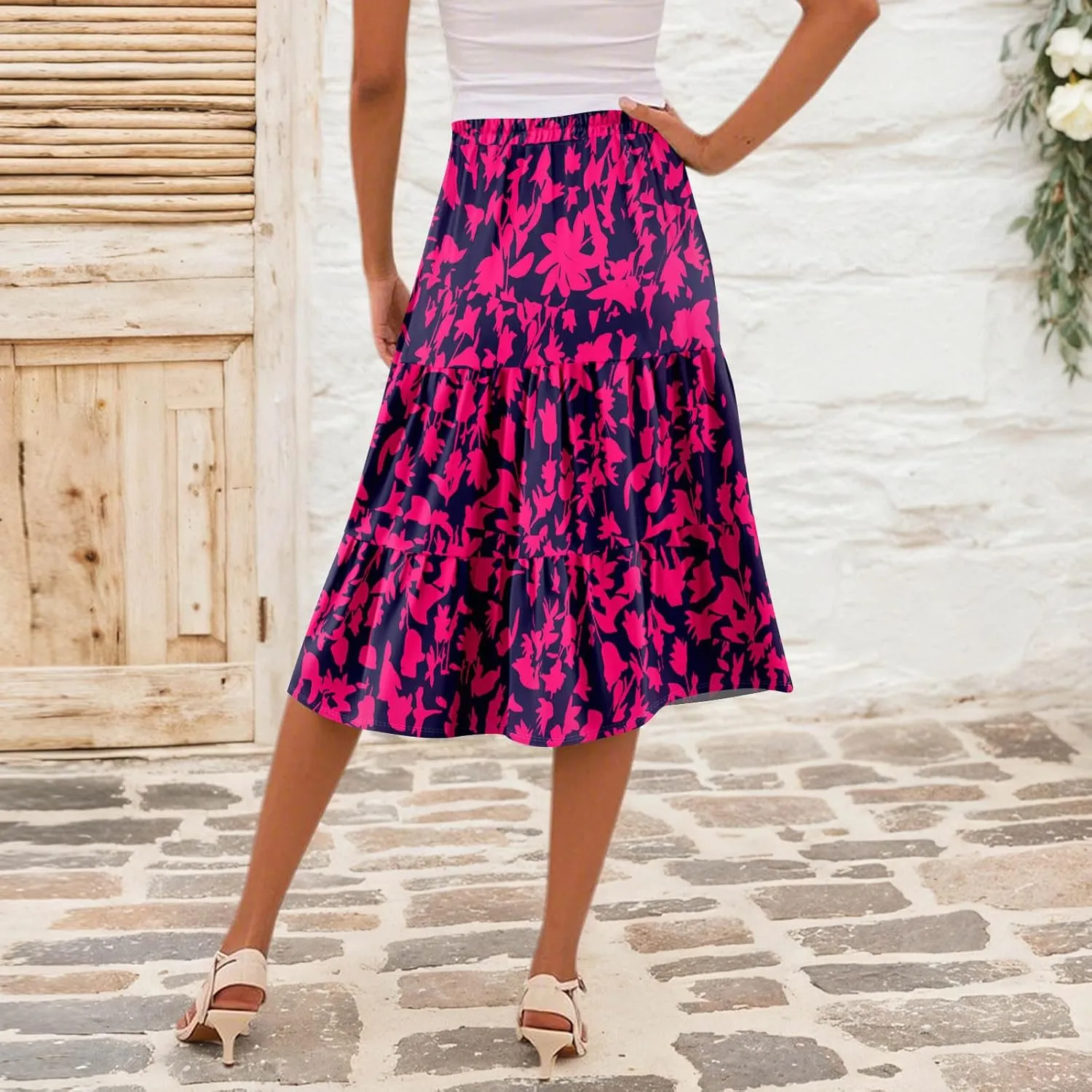 midi Tiered Skirts for Women Summer Boho Floral high Elastic Waist a line Skirts Long Ruffle Flowy Vacation Skort