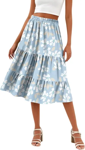 midi Tiered Skirts for Women Summer Boho Floral high Elastic Waist a line Skirts Long Ruffle Flowy Vacation Skort