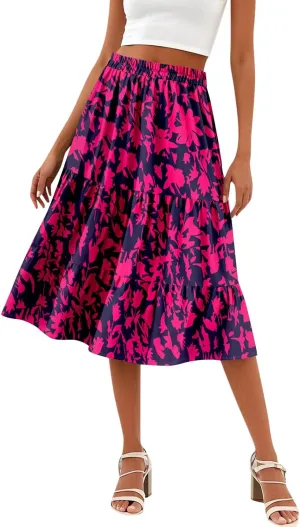 midi Tiered Skirts for Women Summer Boho Floral high Elastic Waist a line Skirts Long Ruffle Flowy Vacation Skort