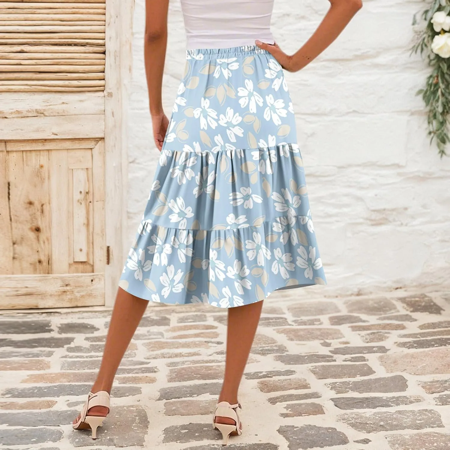 midi Tiered Skirts for Women Summer Boho Floral high Elastic Waist a line Skirts Long Ruffle Flowy Vacation Skort