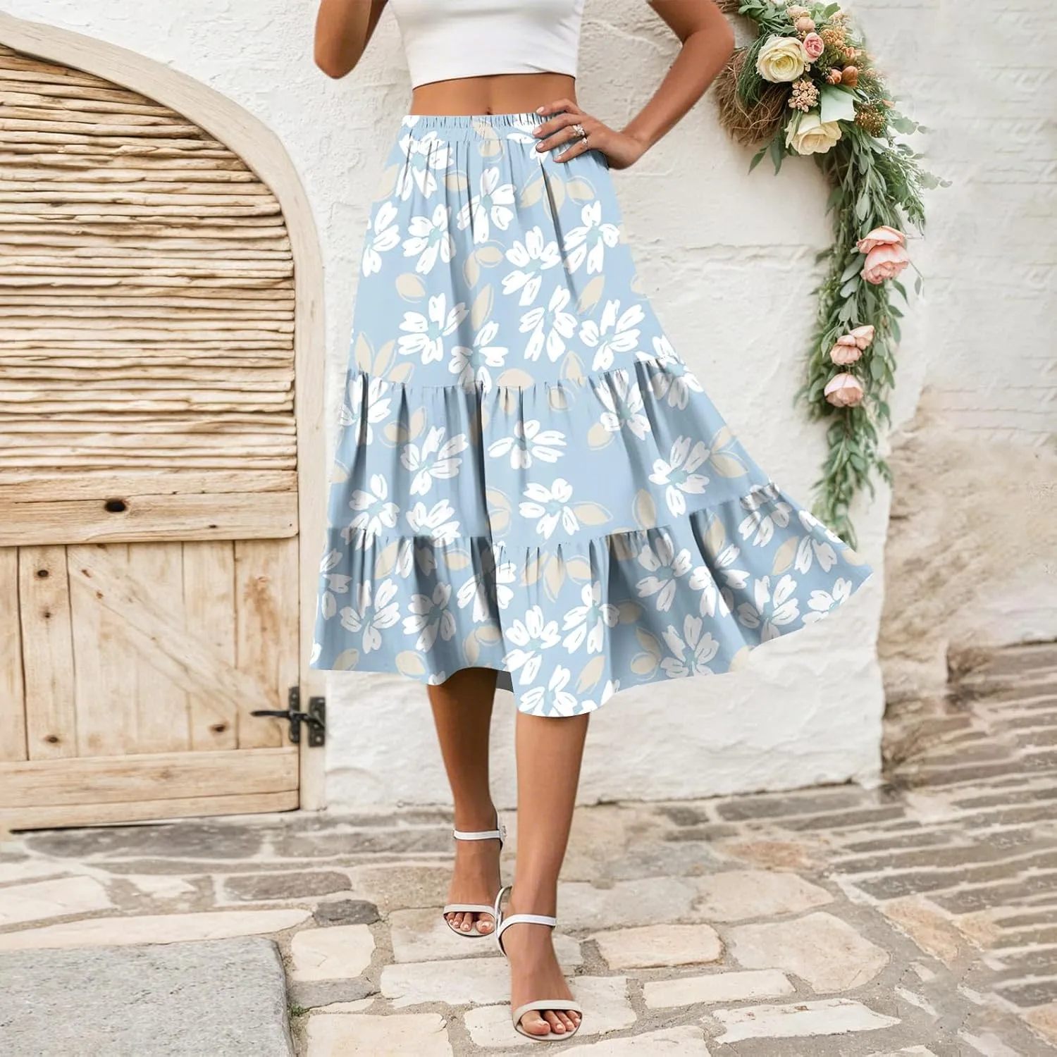 midi Tiered Skirts for Women Summer Boho Floral high Elastic Waist a line Skirts Long Ruffle Flowy Vacation Skort