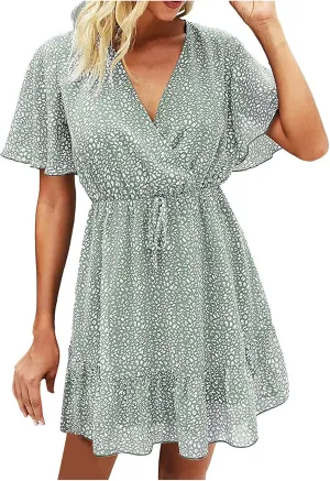 MINGXIN Women's Casual Mini Dress Ruffle Floral Print Relaxed Fit Swing Dress Short Sleeve V Neck Belt Beach Party Dress