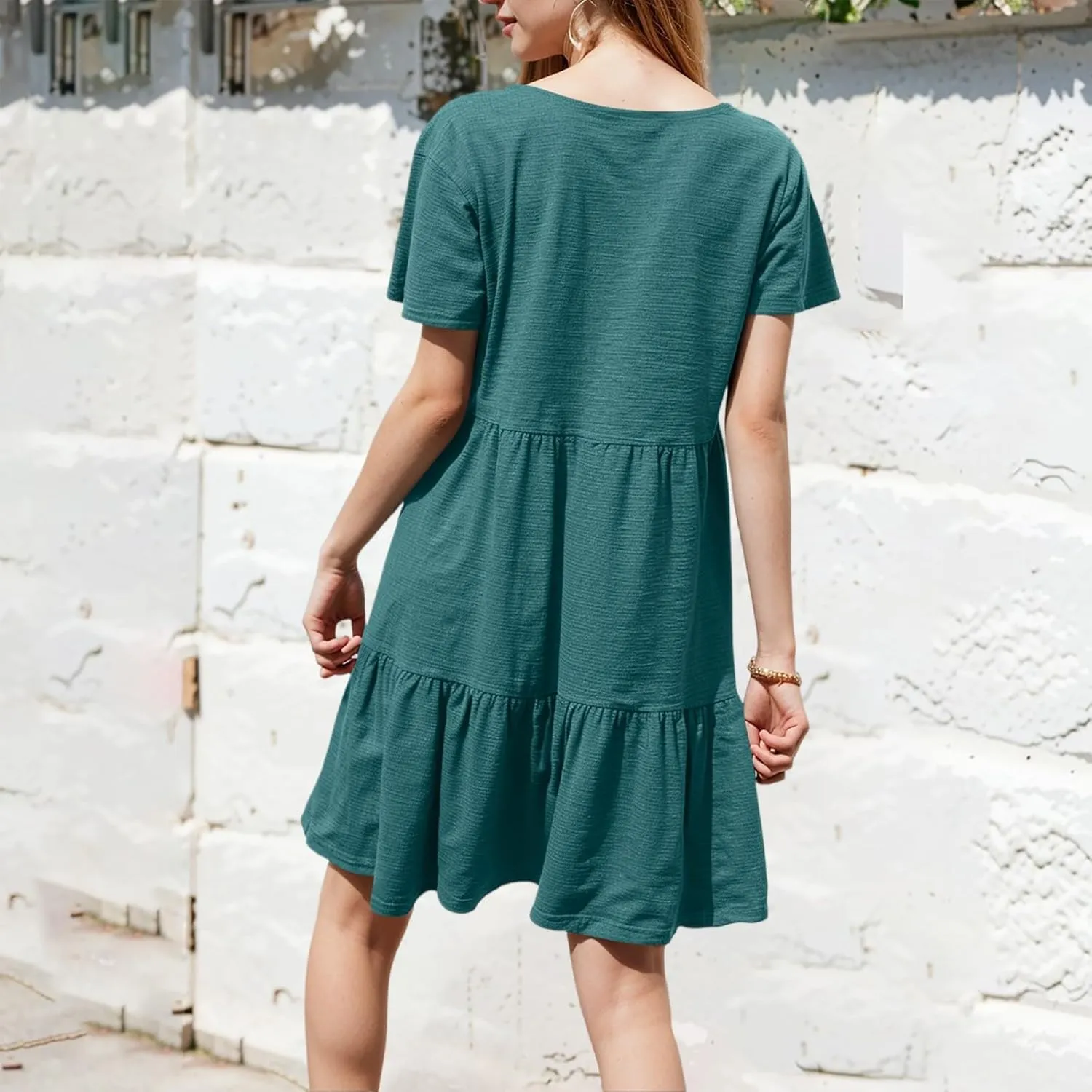 NBXNZWF Women's Summer T Shirts Dress 2025 Round Neck Short Sleeve Tiered Beach Vacation Mini Cake Sundress with Pockets