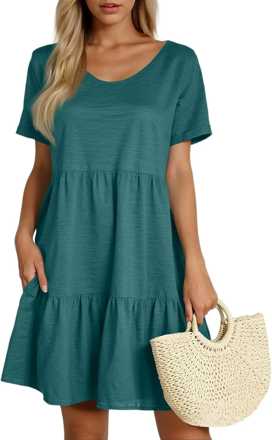 NBXNZWF Women's Summer T Shirts Dress 2025 Round Neck Short Sleeve Tiered Beach Vacation Mini Cake Sundress with Pockets
