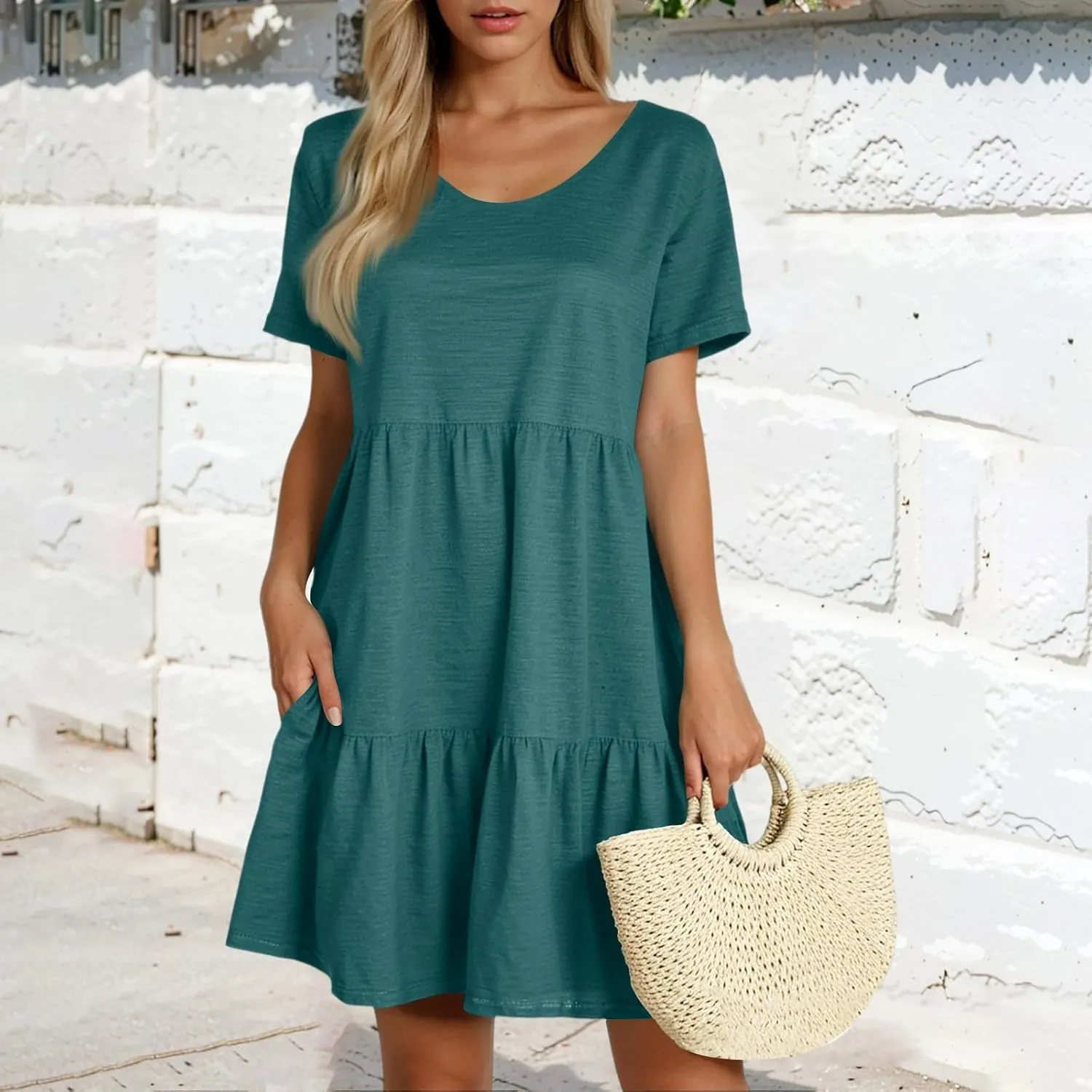 NBXNZWF Women's Summer T Shirts Dress 2025 Round Neck Short Sleeve Tiered Beach Vacation Mini Cake Sundress with Pockets