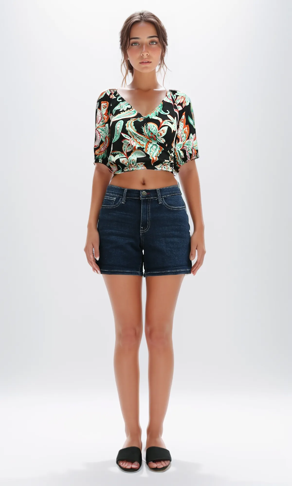 O192259 Elastic Waist Short Sleeves Cropped Top - Black & Green