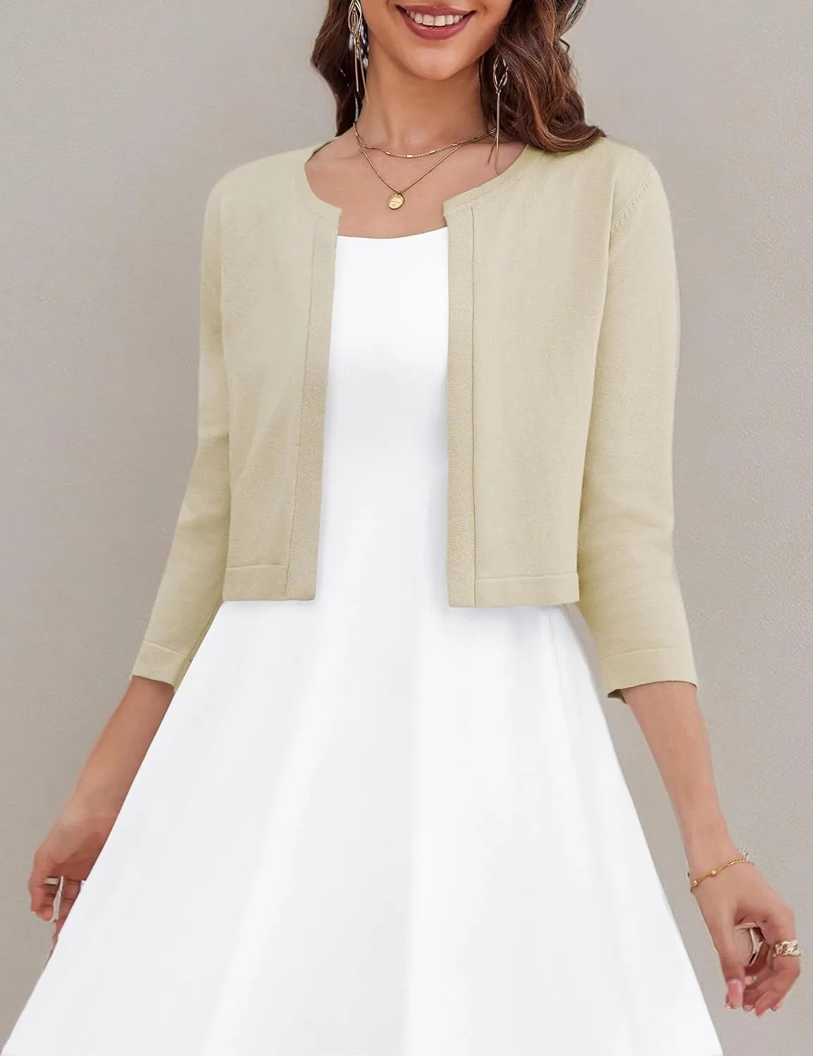 OmicGot Women's 3/4 Sleeve Open Front Knit Cropped Bolero Shrug Cardigan Sweater for Women S-XL