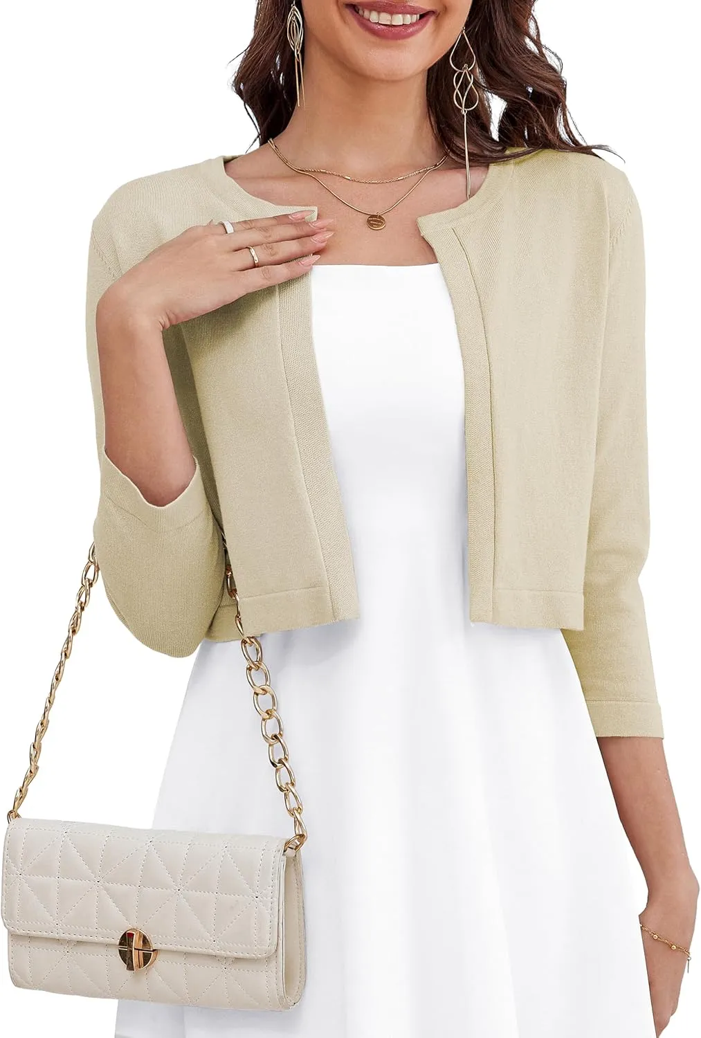OmicGot Women's 3/4 Sleeve Open Front Knit Cropped Bolero Shrug Cardigan Sweater for Women S-XL