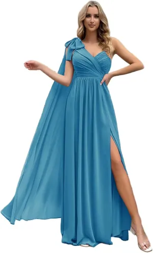One Shoulder Bridesmaid Dresses with Cape Long Pleated Chiffon Prom Dress V Neck A Line Formal Evening Gown with Slit
