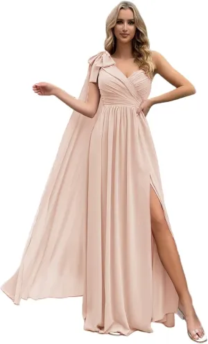 One Shoulder Bridesmaid Dresses with Cape Long Pleated Chiffon Prom Dress V Neck A Line Formal Evening Gown with Slit