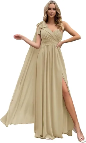 One Shoulder Bridesmaid Dresses with Cape Long Pleated Chiffon Prom Dress V Neck A Line Formal Evening Gown with Slit