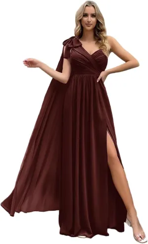One Shoulder Bridesmaid Dresses with Cape Long Pleated Chiffon Prom Dress V Neck A Line Formal Evening Gown with Slit