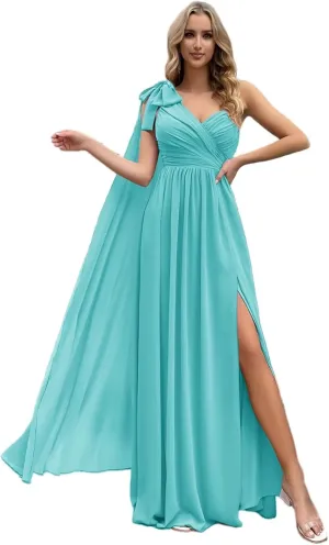 One Shoulder Bridesmaid Dresses with Cape Long Pleated Chiffon Prom Dress V Neck A Line Formal Evening Gown with Slit