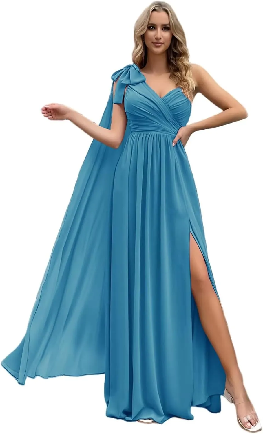 One Shoulder Bridesmaid Dresses with Cape Long Pleated Chiffon Prom Dress V Neck A Line Formal Evening Gown with Slit