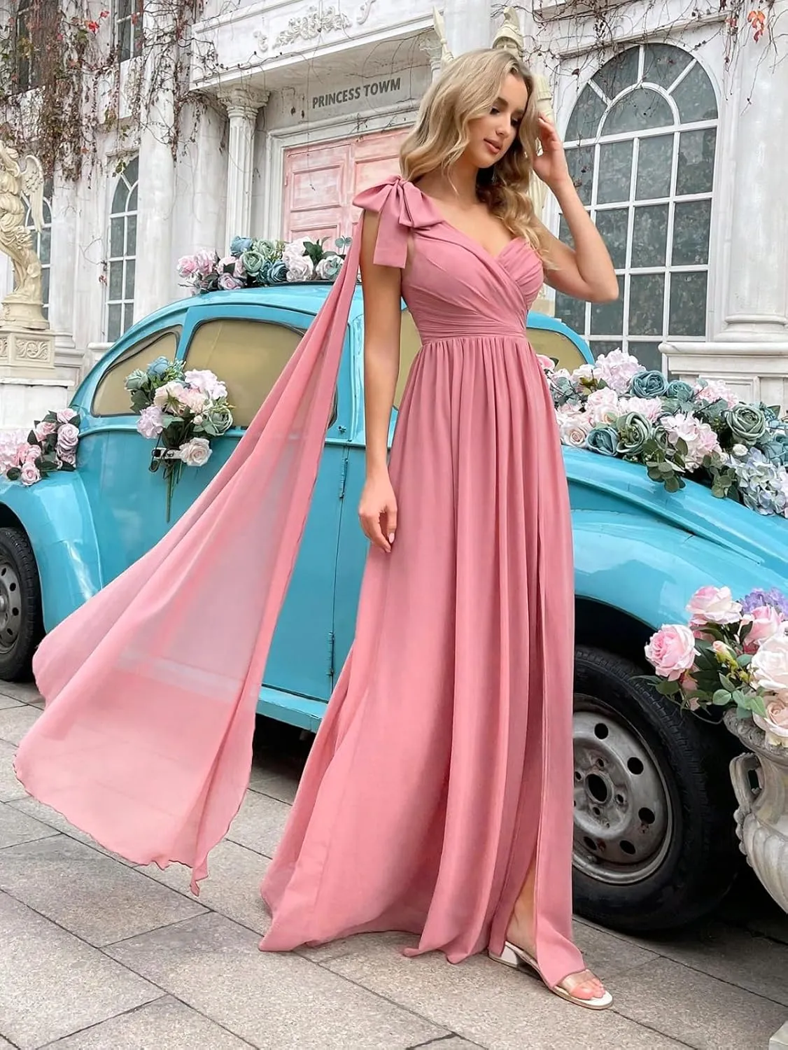 One Shoulder Bridesmaid Dresses with Cape Long Pleated Chiffon Prom Dress V Neck A Line Formal Evening Gown with Slit
