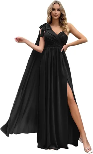 One Shoulder Bridesmaid Dresses with Cape Long Pleated Chiffon Prom Dress V Neck A Line Formal Evening Gown with Slit