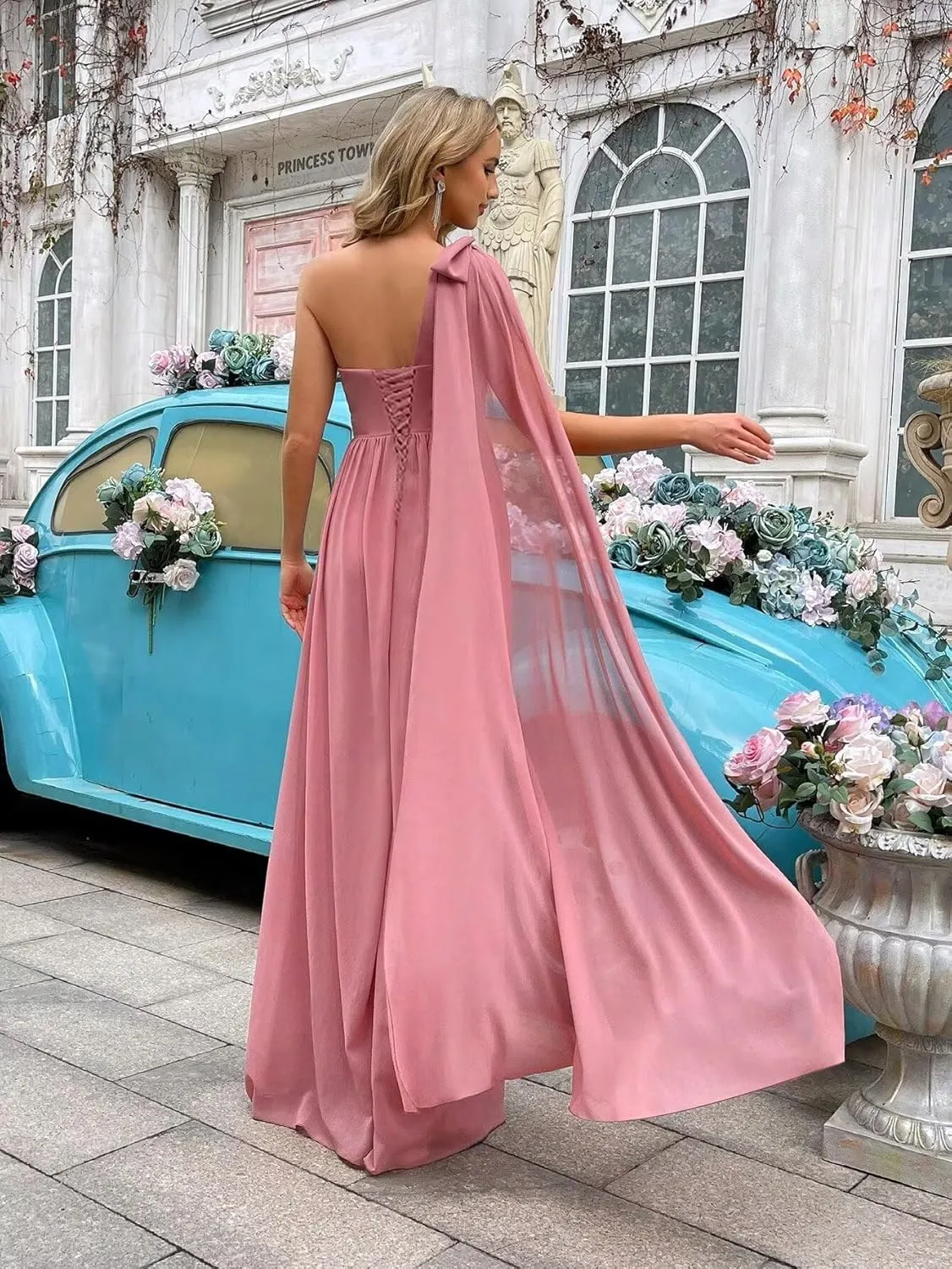 One Shoulder Bridesmaid Dresses with Cape Long Pleated Chiffon Prom Dress V Neck A Line Formal Evening Gown with Slit