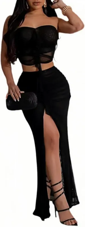 Ophestin Mesh Two Piece Sets for Women Tube Top Ruffles Split Maxi Skirts Ruched 2 Piece Dress Outfits Beach Nights Out