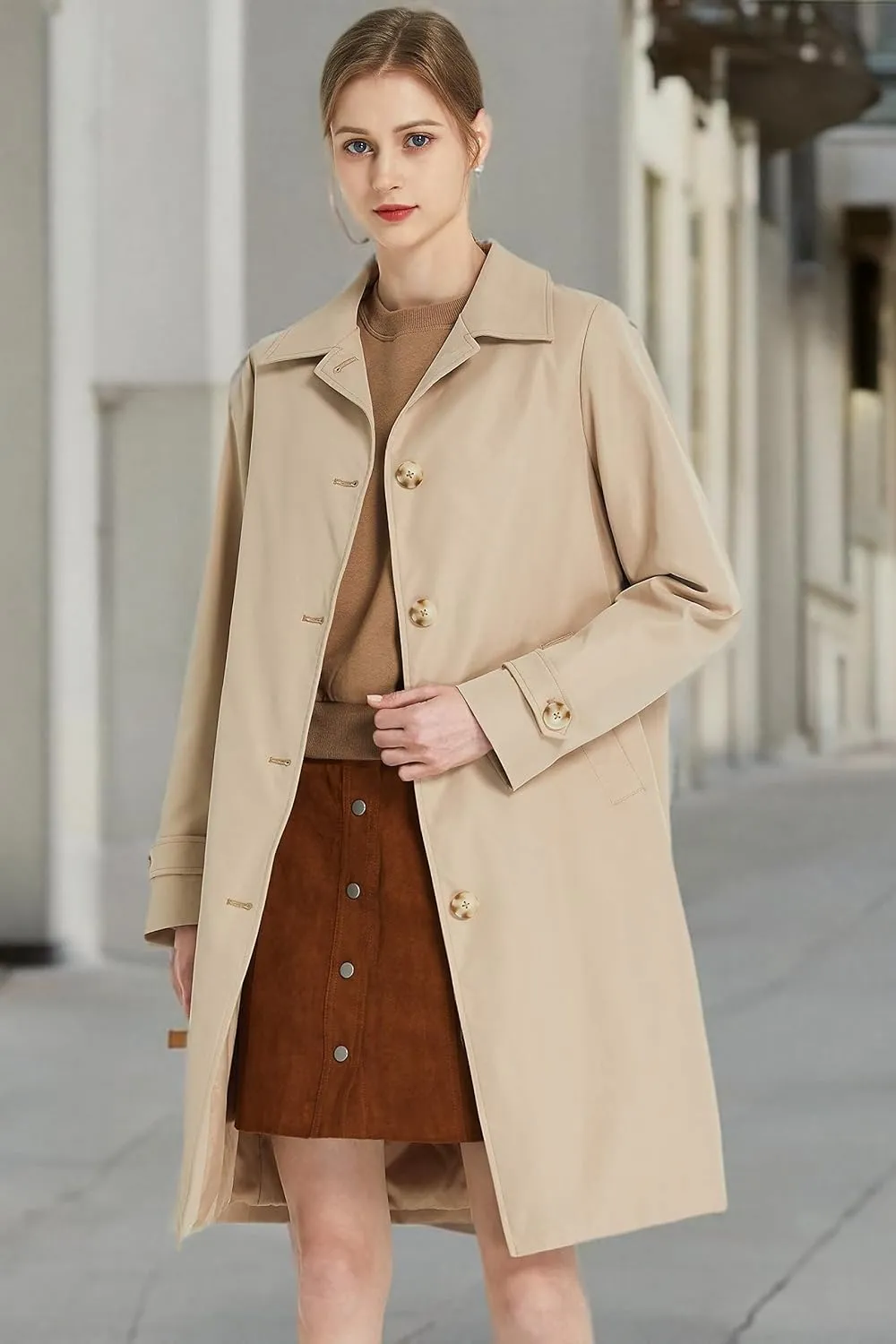 Orolay Women's Single Breasted Trench Coat Mid Long Classic Lapel Windproof Slim Outerwear Coats