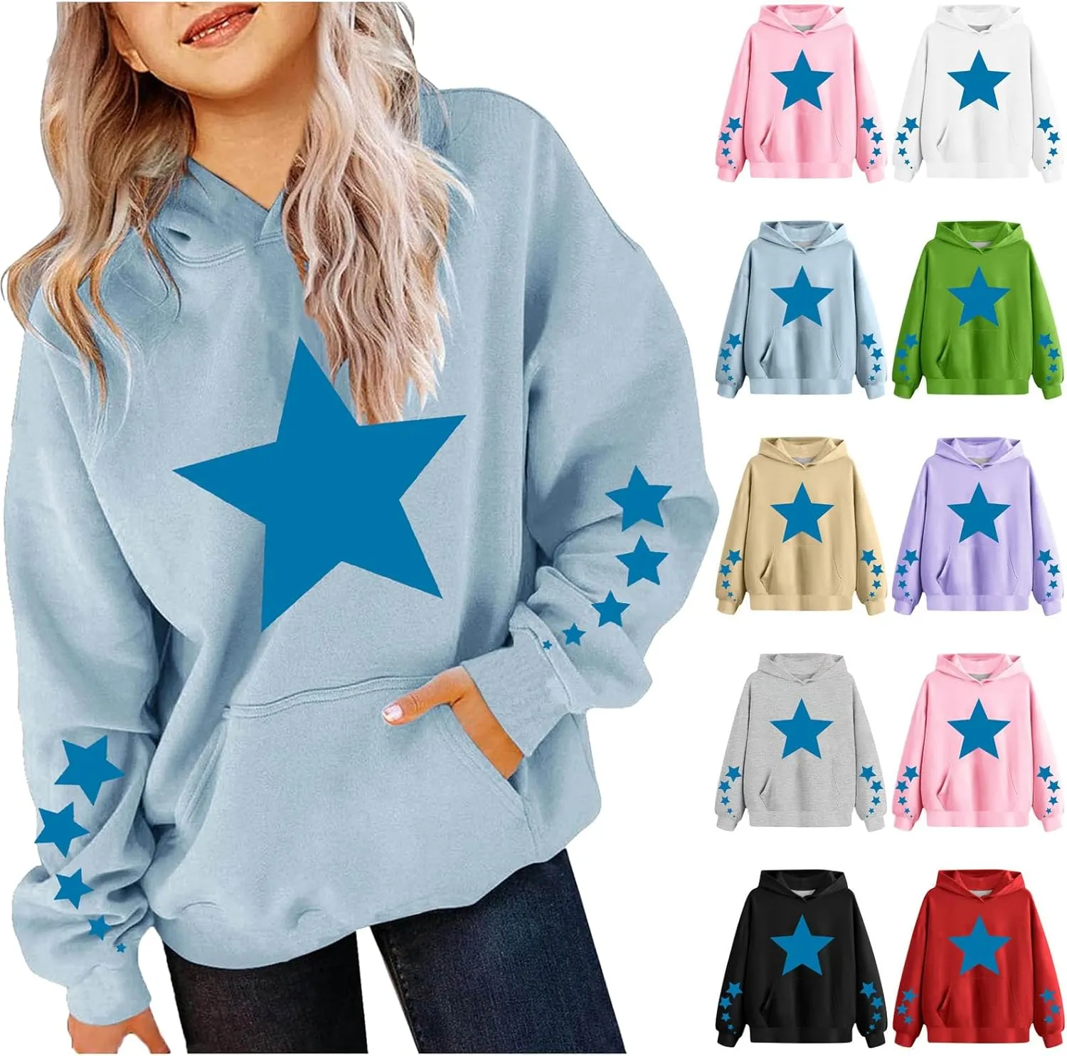 Oversized Hoodies For Boys And Girls Unisex Toddler Star Print Pullover Tops Casual Fleece Hooded Sweatshirt 4-13T