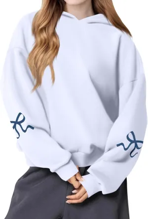 Oversized Hoodies for Women Cute Bow Trim Preppy Sweatshirts Long Sleeve Drop Shoulder Fleece Pullover Tops w/Pocket