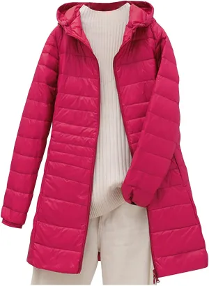 Packable Puffer Jacket Women Lightweight Padded Coats with Hood Long Winter Warm Casual Travel Down Jackets