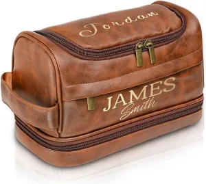 Personalized Toiletry Bag for Men - Custom Engraved Leather Travel Dopp Kit, Waterproof Shaving Kit Gift for Dad, Husband, Groomsmen, Boyfriend (Christmas, Birthday, Fathers Day, Anniversary)