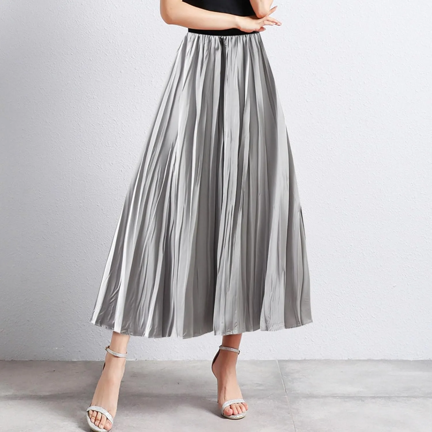 Pleated Midi Skirts for Women 2025 Summer Solid Color Flowy Swing A-Line Elastic Waisted Long Skirt