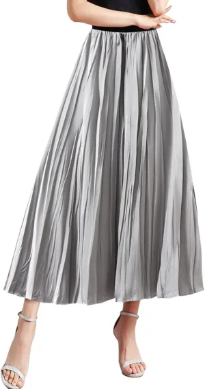 Pleated Midi Skirts for Women 2025 Summer Solid Color Flowy Swing A-Line Elastic Waisted Long Skirt