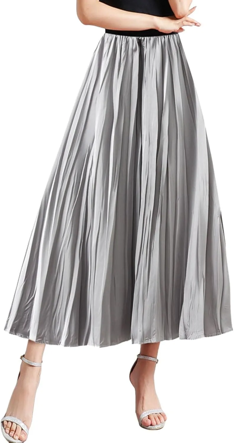 Pleated Midi Skirts for Women 2025 Summer Solid Color Flowy Swing A-Line Elastic Waisted Long Skirt