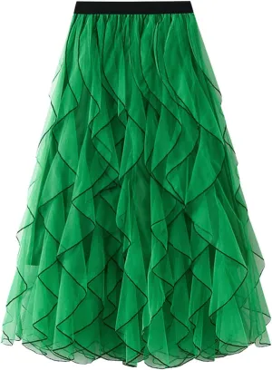 Pleated Skirts for Women Tulle Pleated Layered Tutu Skirt Ladies Ruffles Elegant Flowy Bridesmaid Wedding Midi Dress