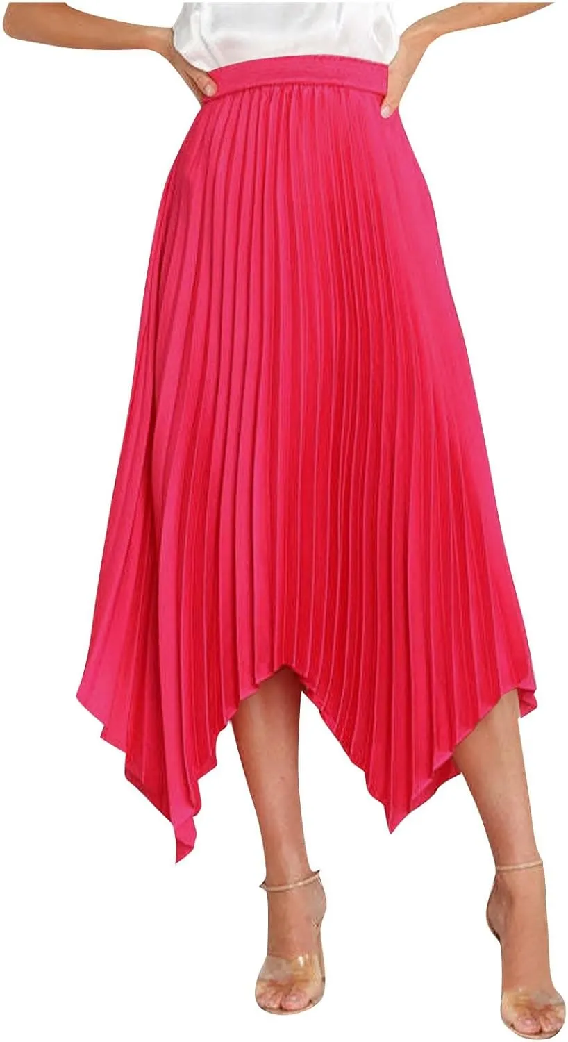 Pleated Skirts Women High Waisted Flowy Skirts Dressy Casual Skirts High Low Summer Skirt Asymmetrical Midi Skirts