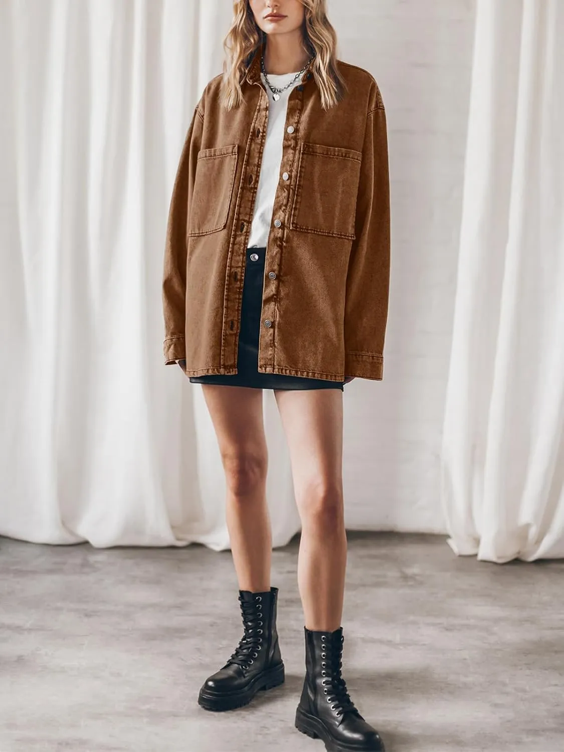 PLNOTME Womens Oversized Jean Jacket Casual Button Up Denim Overshirt Trendy Long Sleeve Denim Jacket Coat
