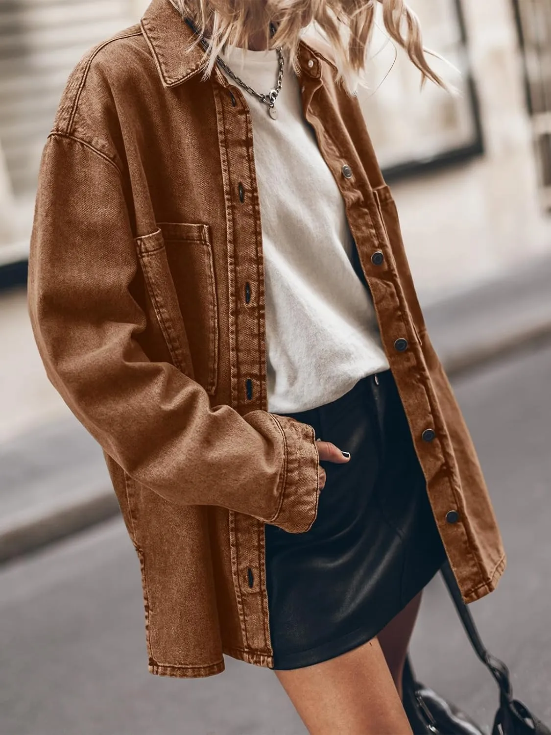 PLNOTME Womens Oversized Jean Jacket Casual Button Up Denim Overshirt Trendy Long Sleeve Denim Jacket Coat