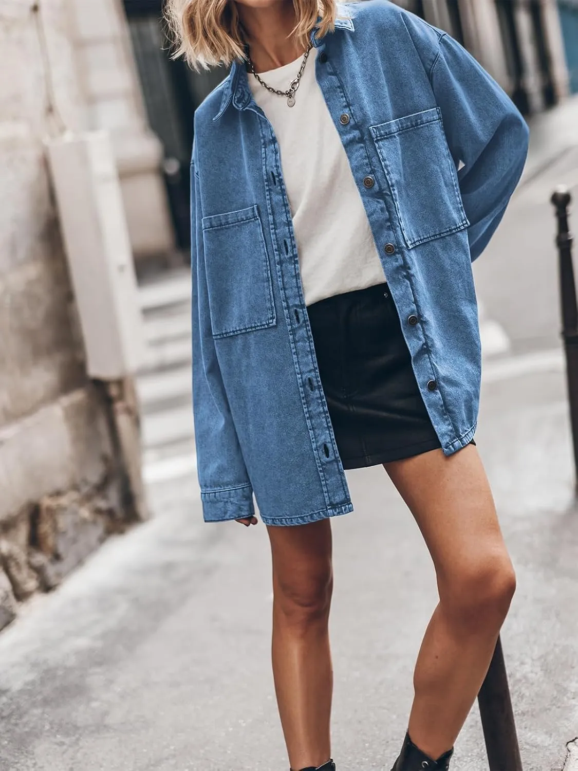 PLNOTME Womens Oversized Jean Jacket Casual Button Up Denim Overshirt Trendy Long Sleeve Denim Jacket Coat