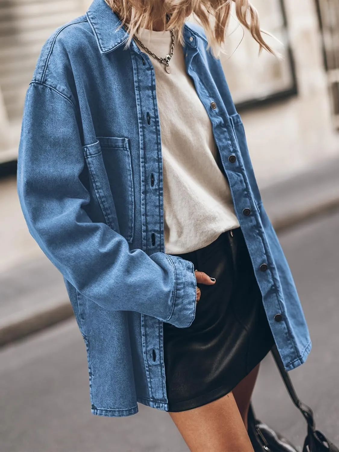 PLNOTME Womens Oversized Jean Jacket Casual Button Up Denim Overshirt Trendy Long Sleeve Denim Jacket Coat