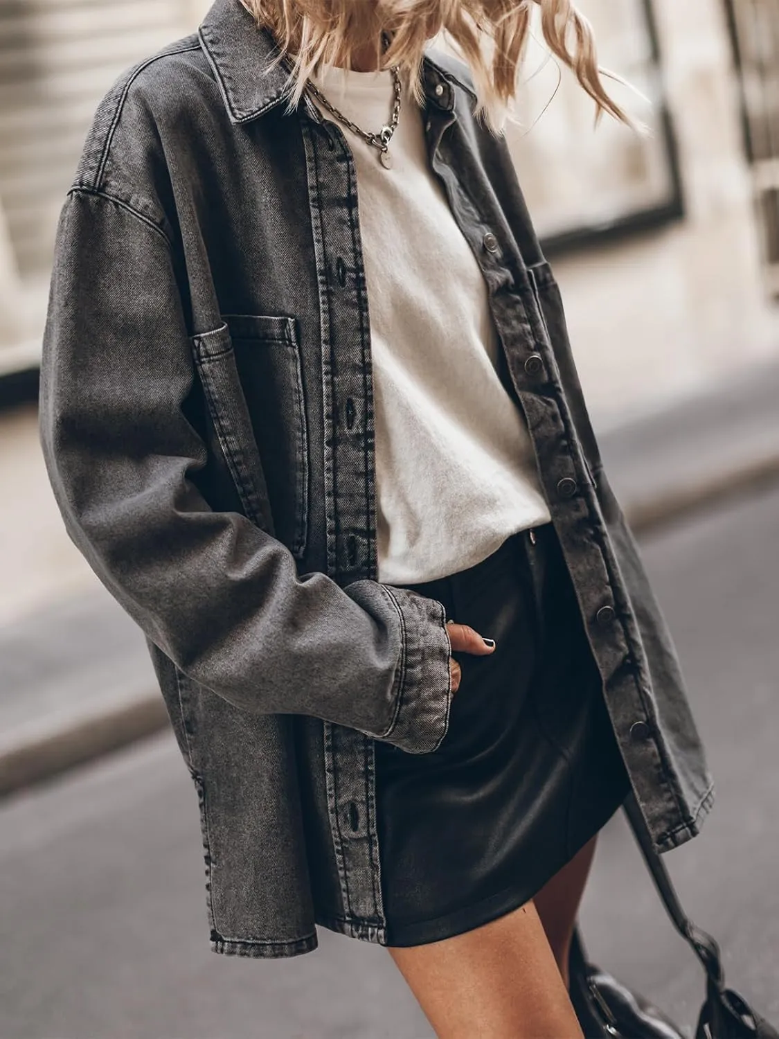 PLNOTME Womens Oversized Jean Jacket Casual Button Up Denim Overshirt Trendy Long Sleeve Denim Jacket Coat