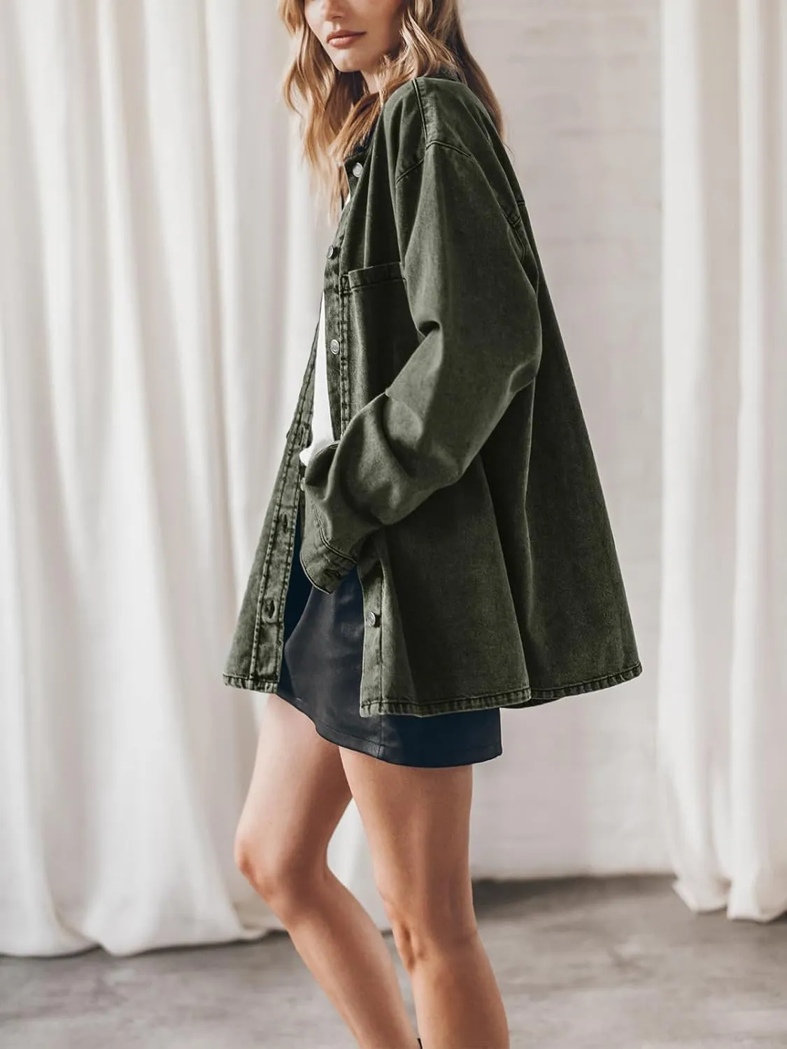 PLNOTME Womens Oversized Jean Jacket Casual Button Up Denim Overshirt Trendy Long Sleeve Denim Jacket Coat