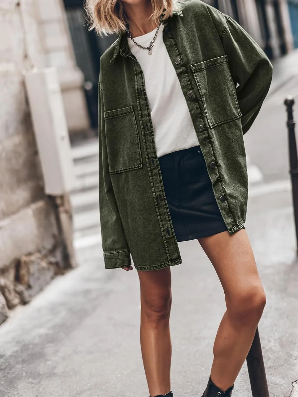 PLNOTME Womens Oversized Jean Jacket Casual Button Up Denim Overshirt Trendy Long Sleeve Denim Jacket Coat