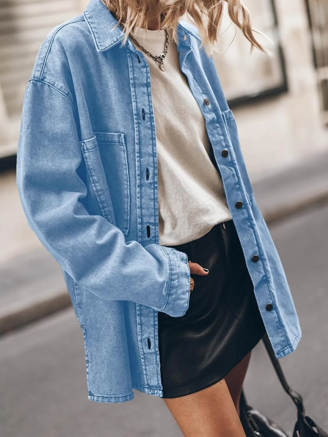 PLNOTME Womens Oversized Jean Jacket Casual Button Up Denim Overshirt Trendy Long Sleeve Denim Jacket Coat