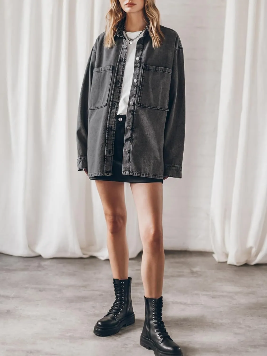 PLNOTME Womens Oversized Jean Jacket Casual Button Up Denim Overshirt Trendy Long Sleeve Denim Jacket Coat