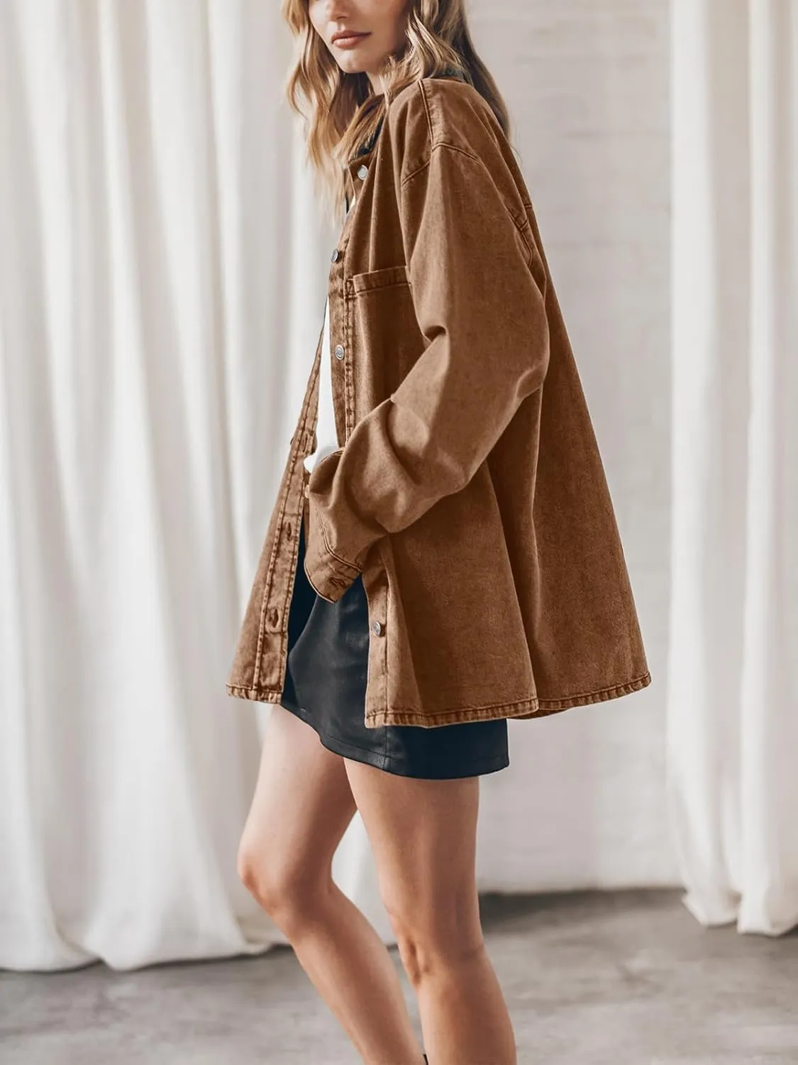 PLNOTME Womens Oversized Jean Jacket Casual Button Up Denim Overshirt Trendy Long Sleeve Denim Jacket Coat