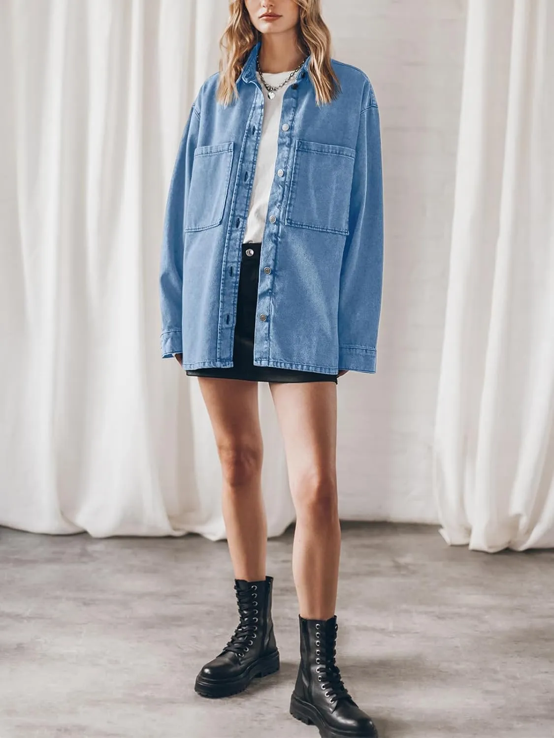 PLNOTME Womens Oversized Jean Jacket Casual Button Up Denim Overshirt Trendy Long Sleeve Denim Jacket Coat